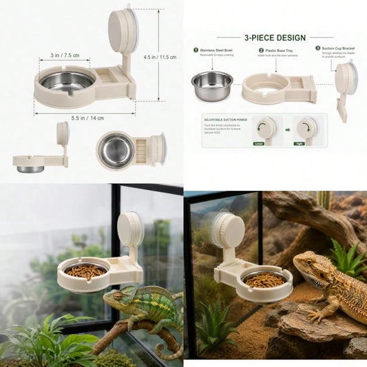 Reptile Feeding Ledge With Suction Cup Removable Stainless Steel Bowl Feeder Aquarium Terrarium Food Water Dish Accessory For Gecko Chameleon Bearded Dragon Lizard