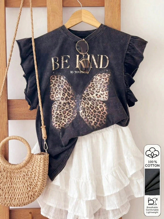 Resyla Leopard Print & Butterfly Pattern 100% Cotton Fashionable Minimalist Women Ruffle Crew Neck T-Shirt, Gift For Friends