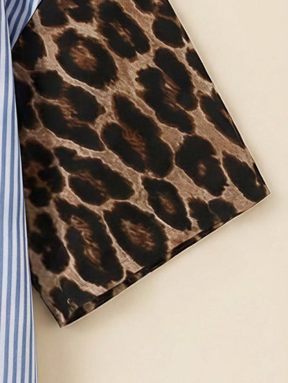 Resyla Plus Size Women Leopard Print Patchwork Striped Casual Top, Summer