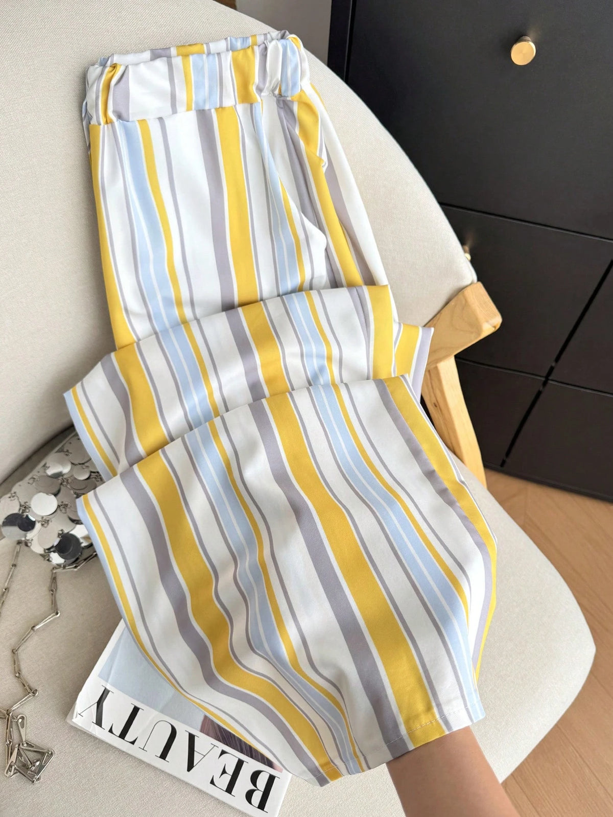Resyla Women Bottoms,INF Laid-Back Style Striped Color-Blocking Design 2026 Spring/Summer New Casual Pants With Elastic Waist And Slimming Effect