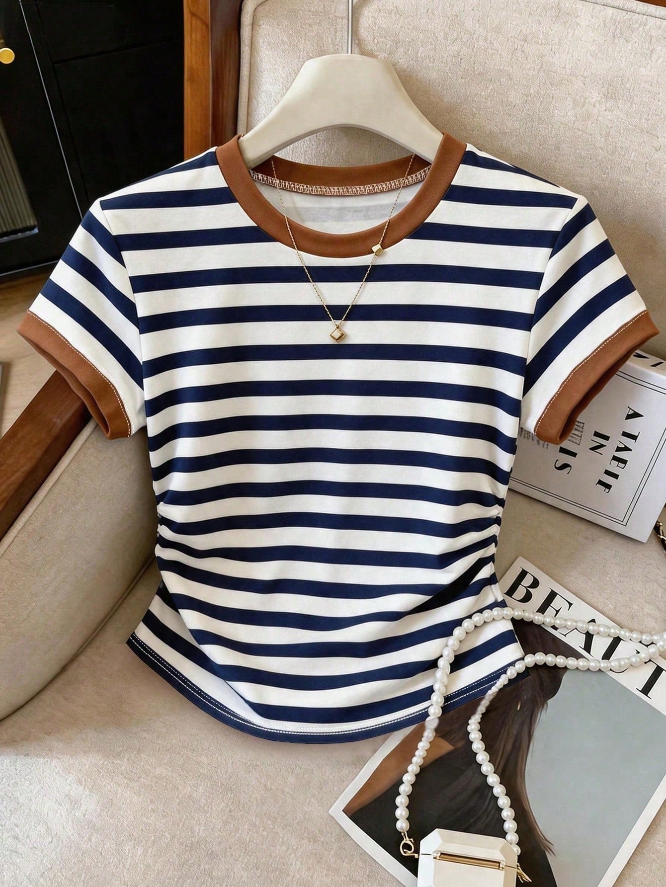 Resyla Women's Plus Size Short Sleeve T-Shirt, Graphic Design, Multi-Color Striped Print, Fashionable Versatile Elegant Style, Back To School, Teacher's Day, Women's Slim Fit T-Shirt