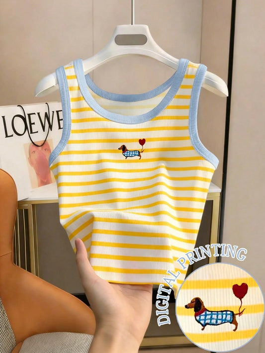 Resyla Women's Striped Dachshund Print Tank Top/ Casual Daily/ Summer