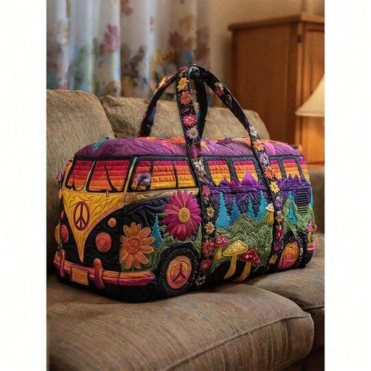 Retro Hippie Van Print Travel Duffel Bag, Peace Sign & Floral Weekender Tote, Casual Boho Vacation Carryall For Women