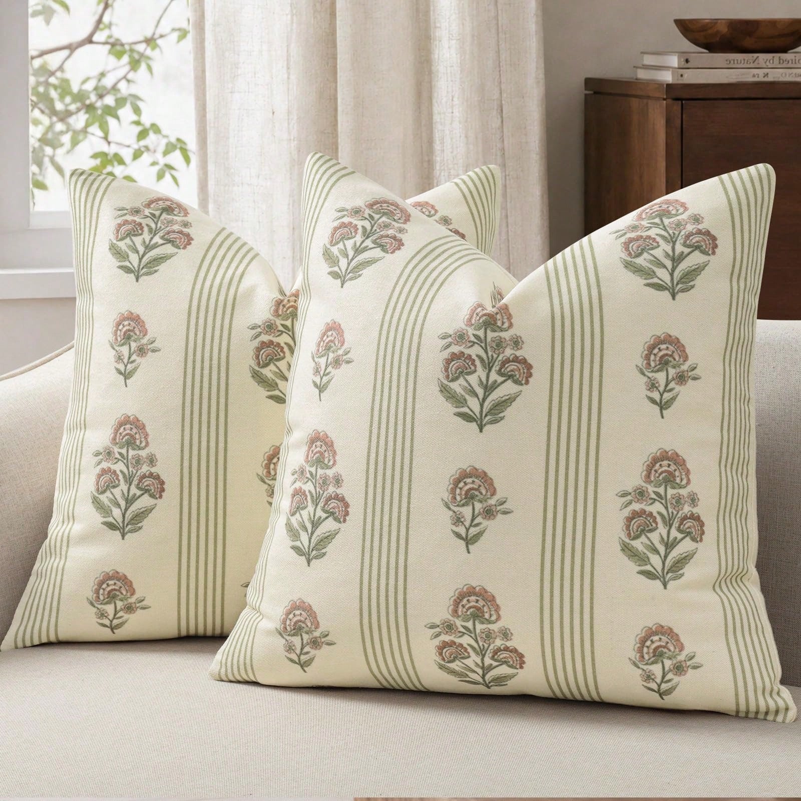 Retro Pillow Cover, Striped Floral Pillow Cover, Plant Pattern Decorative Cushion Cover, Modern Farmhouse Style Home Decor, Suitable For Sofa, Bed, Living Room