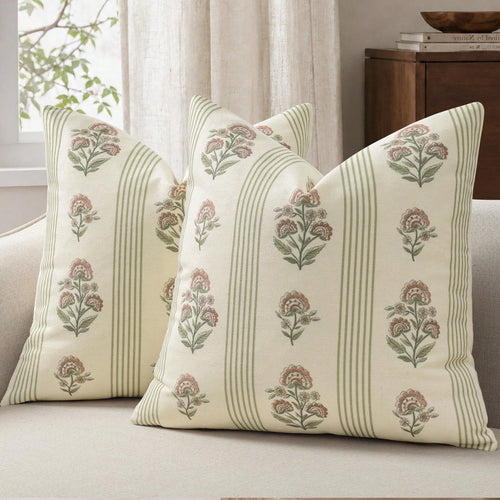 Retro Pillow Cover, Striped Floral Pillow Cover, Plant Pattern Decorative Cushion Cover, Modern Farmhouse Style Home Decor, Suitable For Sofa, Bed, Living Room