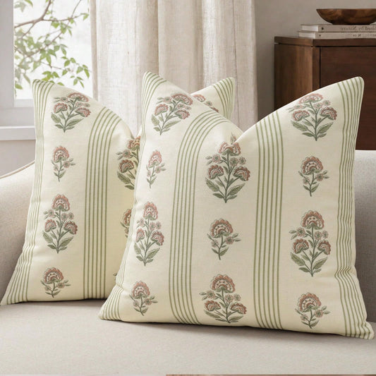Retro Pillow Cover, Striped Floral Pillow Cover, Plant Pattern Decorative Cushion Cover, Modern Farmhouse Style Home Decor, Suitable For Sofa, Bed, Living Room