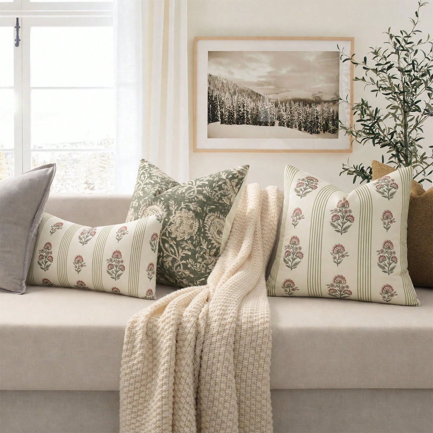 Retro Pillow Cover, Striped Floral Pillow Cover, Plant Pattern Decorative Cushion Cover, Modern Farmhouse Style Home Decor, Suitable For Sofa, Bed, Living Room