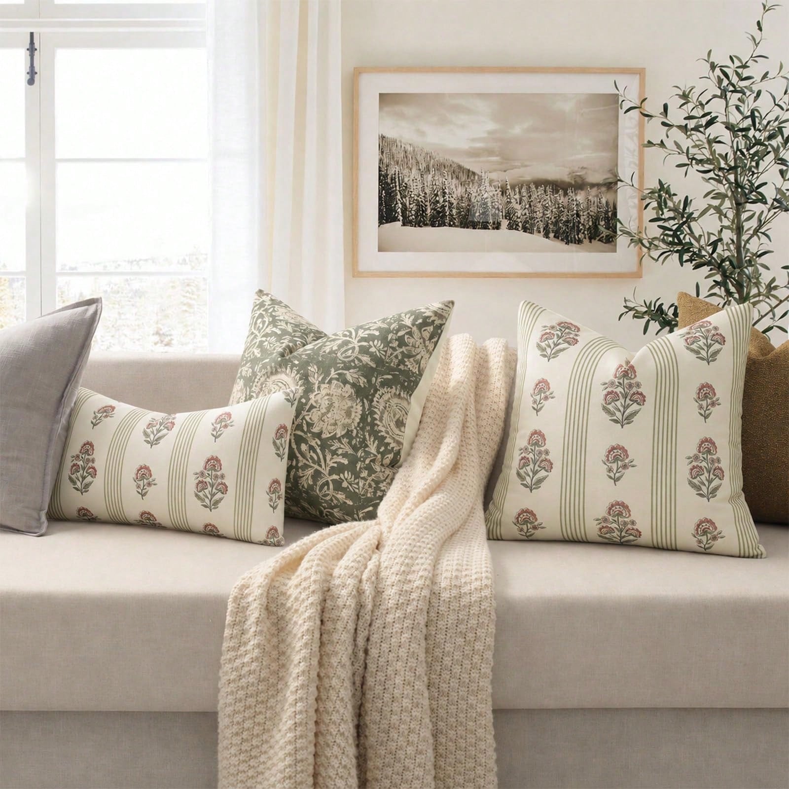 Retro Pillow Cover, Striped Floral Pillow Cover, Plant Pattern Decorative Cushion Cover, Modern Farmhouse Style Home Decor, Suitable For Sofa, Bed, Living Room