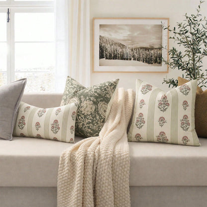 Retro Pillow Cover, Striped Floral Pillow Cover, Plant Pattern Decorative Cushion Cover, Modern Farmhouse Style Home Decor, Suitable For Sofa, Bed, Living Room