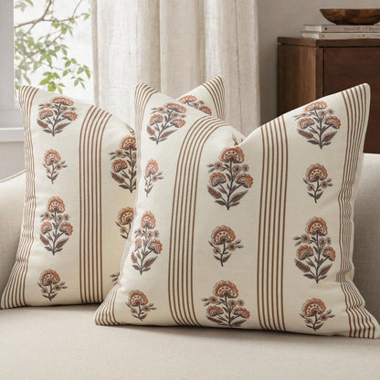Retro Pillow Cover, Striped Floral Pillow Cover, Plant Pattern Decorative Cushion Cover, Modern Farmhouse Style Home Decor, Suitable For Sofa, Bed, Living Room