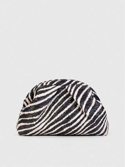 Retro Straw Zebra Pattern Clutch Bag, Minimalist Style Evening Handbag, Suitable For Summer Use
