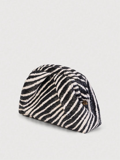 Retro Straw Zebra Pattern Clutch Bag, Minimalist Style Evening Handbag, Suitable For Summer Use