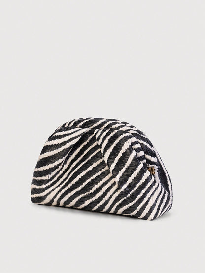 Retro Straw Zebra Pattern Clutch Bag, Minimalist Style Evening Handbag, Suitable For Summer Use