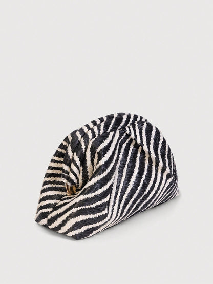 Retro Straw Zebra Pattern Clutch Bag, Minimalist Style Evening Handbag, Suitable For Summer Use