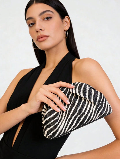Retro Straw Zebra Pattern Clutch Bag, Minimalist Style Evening Handbag, Suitable For Summer Use