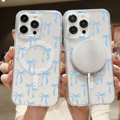 Ribbon Mobile Phone Case, Designed With Blue Bows And Polka Dots, Suitable For IPhone 16, 15, 14, 13, 12 And 11 Pro Models, Made Of TPU Material, And Provides Shockproof Protection. Perfect For Family