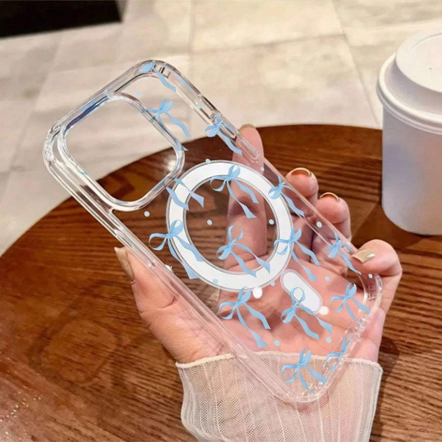 Ribbon Mobile Phone Case, Designed With Blue Bows And Polka Dots, Suitable For IPhone 16, 15, 14, 13, 12 And 11 Pro Models, Made Of TPU Material, And Provides Shockproof Protection. Perfect For Family