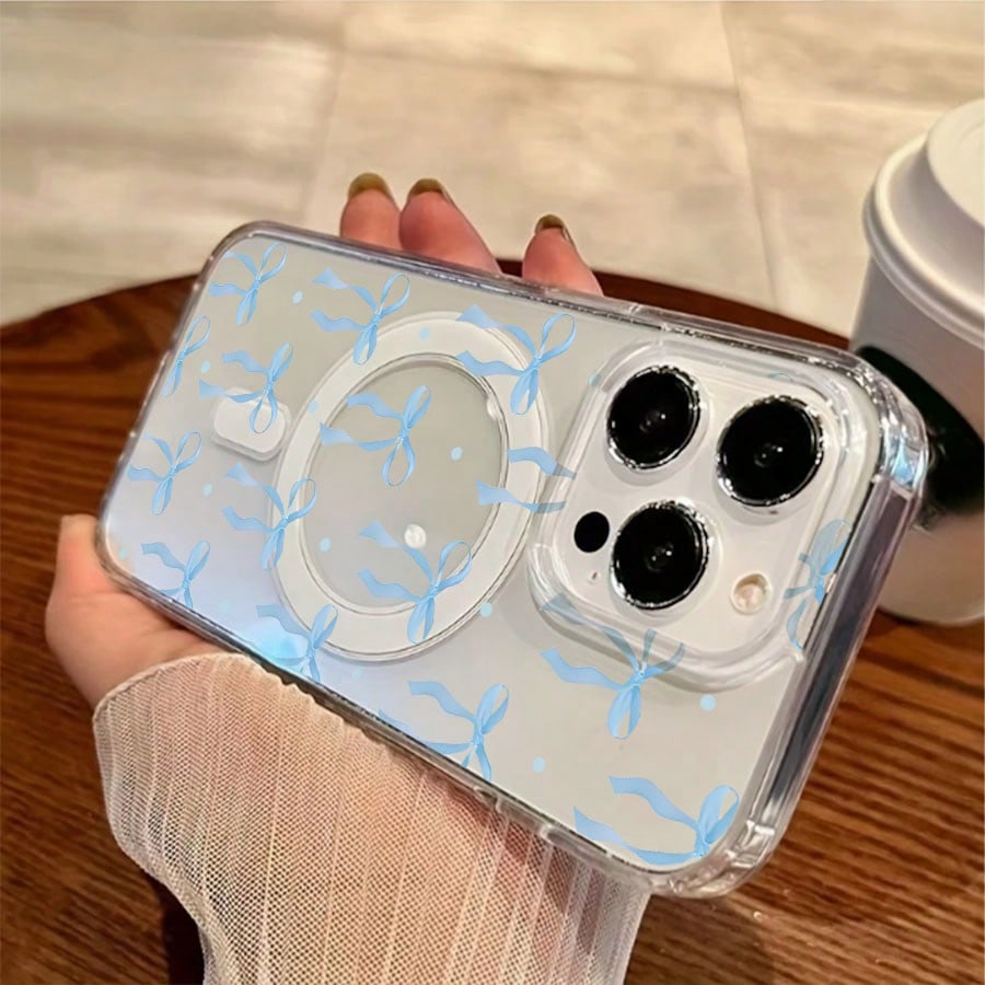 Ribbon Mobile Phone Case, Designed With Blue Bows And Polka Dots, Suitable For IPhone 16, 15, 14, 13, 12 And 11 Pro Models, Made Of TPU Material, And Provides Shockproof Protection. Perfect For Family