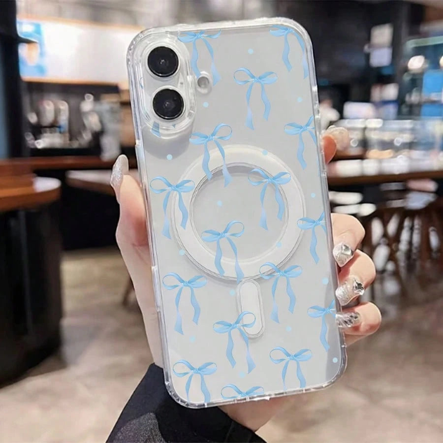 Ribbon Mobile Phone Case, Designed With Blue Bows And Polka Dots, Suitable For IPhone 16, 15, 14, 13, 12 And 11 Pro Models, Made Of TPU Material, And Provides Shockproof Protection. Perfect For Family