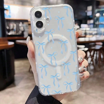 Ribbon Mobile Phone Case, Designed With Blue Bows And Polka Dots, Suitable For IPhone 16, 15, 14, 13, 12 And 11 Pro Models, Made Of TPU Material, And Provides Shockproof Protection. Perfect For Family