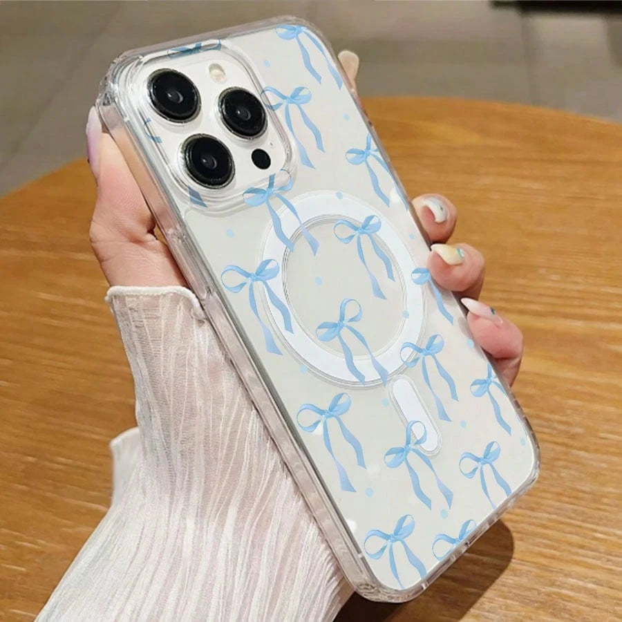 Ribbon Mobile Phone Case, Designed With Blue Bows And Polka Dots, Suitable For IPhone 16, 15, 14, 13, 12 And 11 Pro Models, Made Of TPU Material, And Provides Shockproof Protection. Perfect For Family