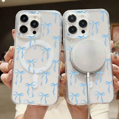 Ribbon Mobile Phone Case, Designed With Blue Bows And Polka Dots, Suitable For IPhone 16, 15, 14, 13, 12 And 11 Pro Models, Made Of TPU Material, And Provides Shockproof Protection. Perfect For Family