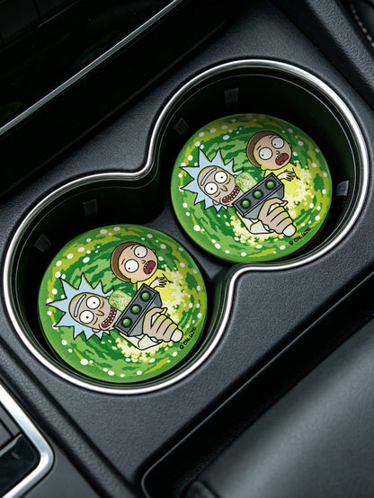 Rick and Morty X Sci-Fi Cartoon Print PU Leather Car Coaster Set, Universal Anti-Slip Cup Holder Mat, Shockproof Absorbent Coaster For Car, Home & Office Use
