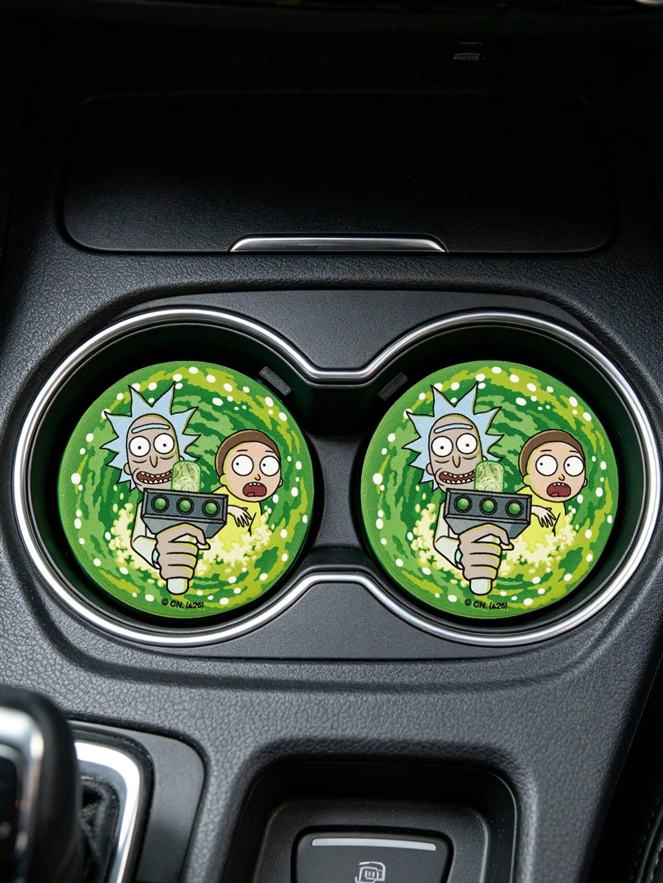 Rick and Morty X Sci-Fi Cartoon Print PU Leather Car Coaster Set, Universal Anti-Slip Cup Holder Mat, Shockproof Absorbent Coaster For Car, Home & Office Use