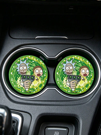 Rick and Morty X Sci-Fi Cartoon Print PU Leather Car Coaster Set, Universal Anti-Slip Cup Holder Mat, Shockproof Absorbent Coaster For Car, Home & Office Use