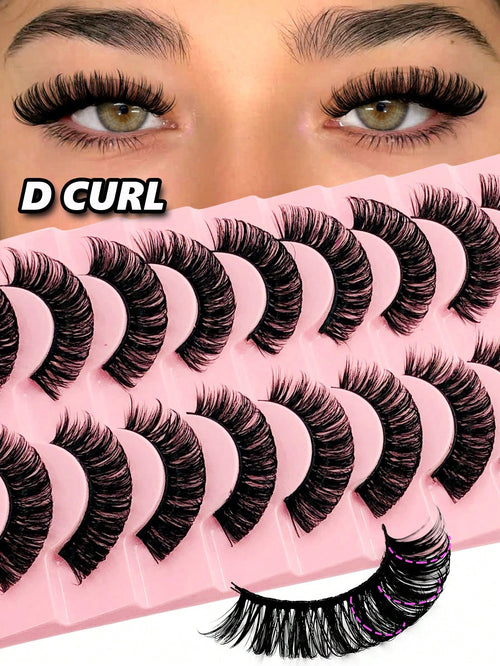 Rikuaild 10 Pairs D-Curl Fluffy False Eyelashes, Natural Look, Soft & Comfortable, Reusable, Easy To Apply, Create Voluminous Lash Makeup