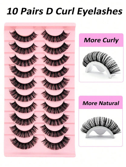 Rikuaild 10 Pairs D-Curl Fluffy False Eyelashes, Natural Look, Soft & Comfortable, Reusable, Easy To Apply, Create Voluminous Lash Makeup