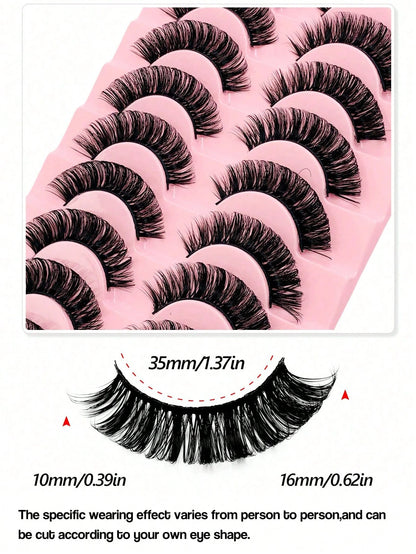 Rikuaild 10 Pairs D-Curl Fluffy False Eyelashes, Natural Look, Soft & Comfortable, Reusable, Easy To Apply, Create Voluminous Lash Makeup