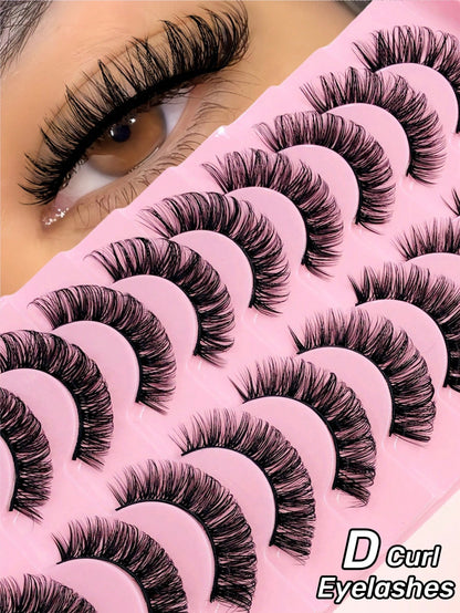 Rikuaild 10 Pairs D-Curl Fluffy False Eyelashes, Natural Look, Soft & Comfortable, Reusable, Easy To Apply, Create Voluminous Lash Makeup