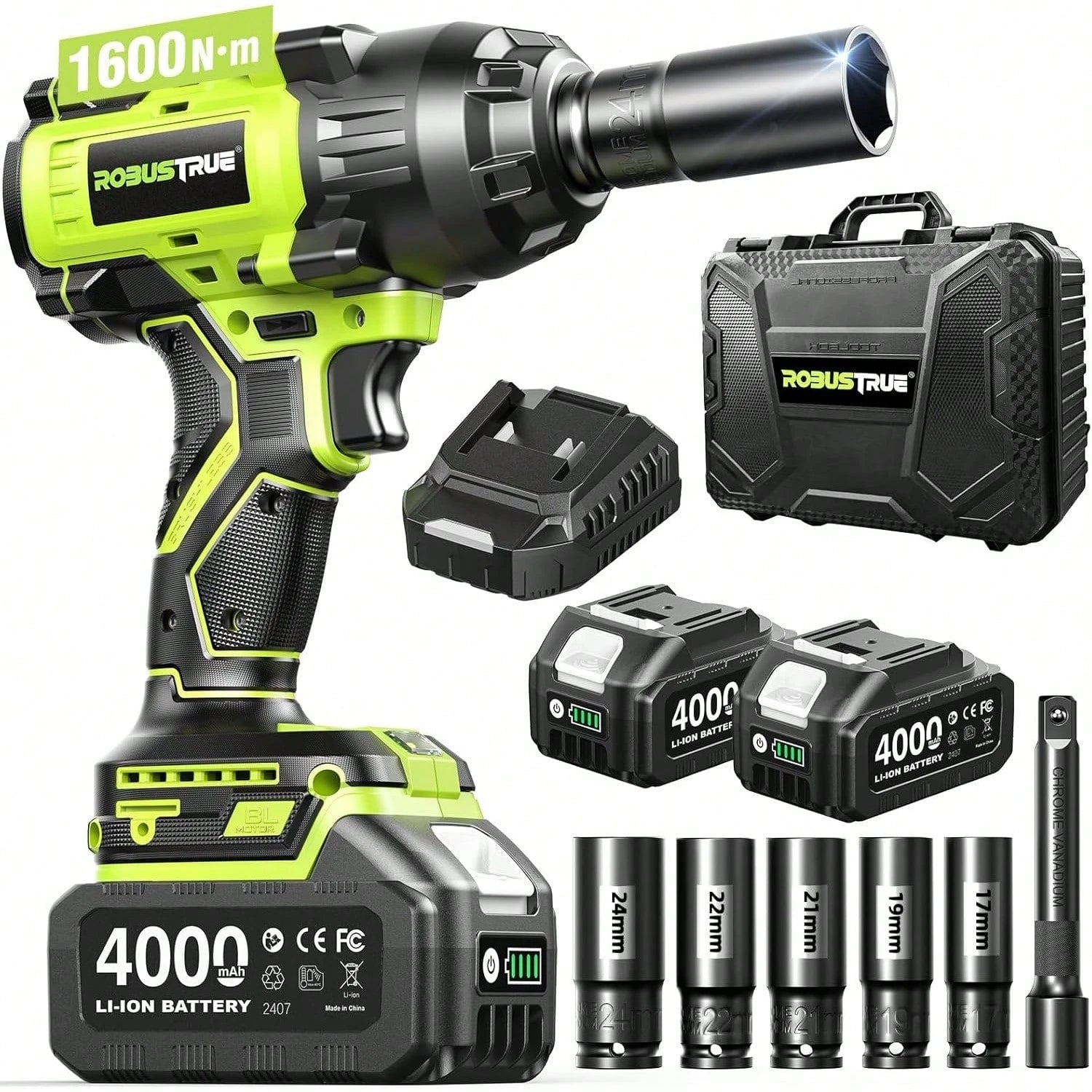 Robustrue Cordless Impact Wrench 1033ft-Lbs (1600N.M), High Torque Brushless 1/ 2 Impact Gun, 2 X5.0Ah Battery, Fast Charger, 4 Sockets, Impact Wrench For Home Car Tires Truck Mover