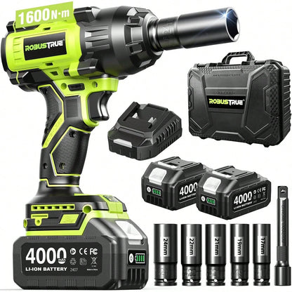 Robustrue Cordless Impact Wrench 1033ft-Lbs (1600N.M), High Torque Brushless 1/ 2 Impact Gun, 2 X5.0Ah Battery, Fast Charger, 4 Sockets, Impact Wrench For Home Car Tires Truck Mover