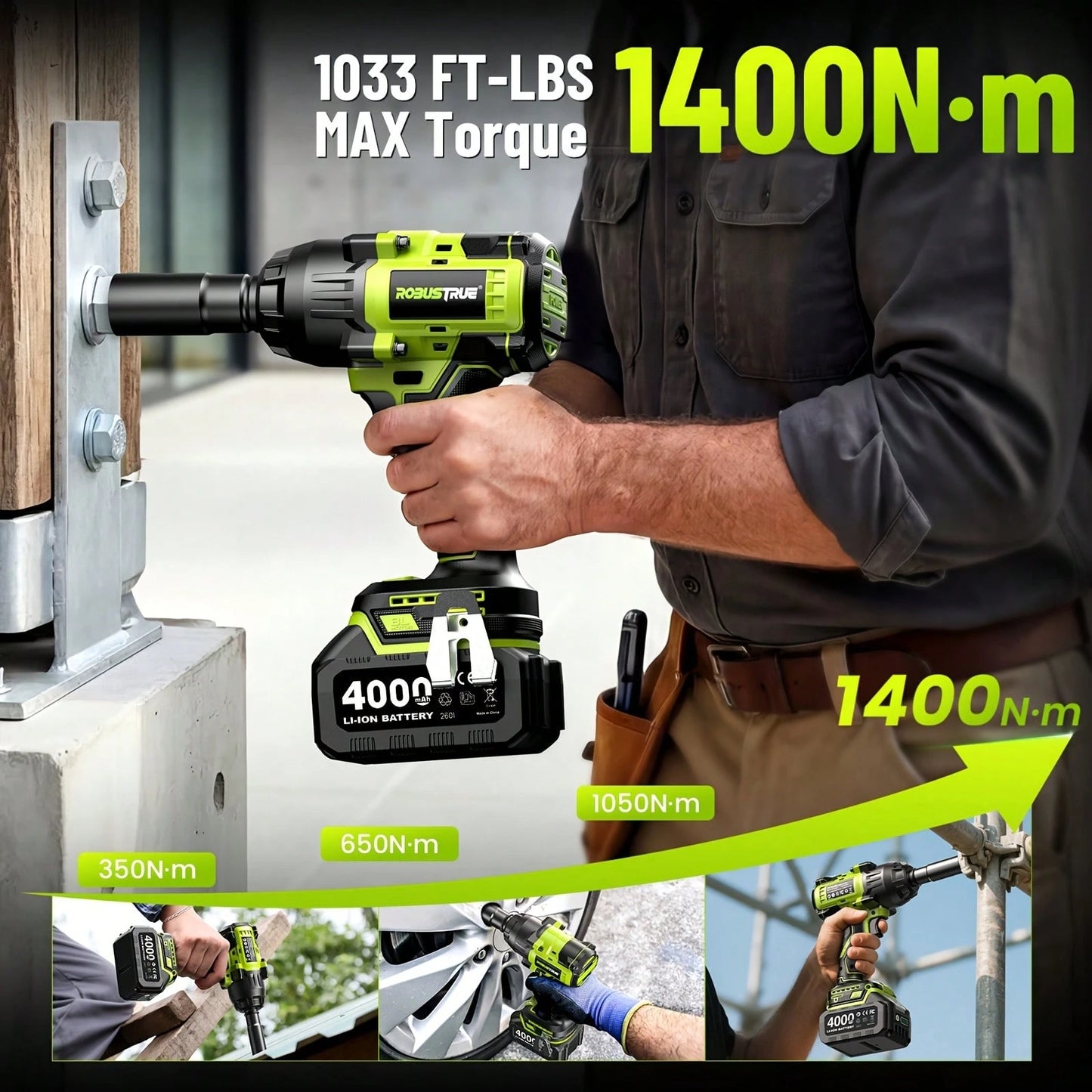 Robustrue Cordless Impact Wrench 1033ft-Lbs (1600N.M), High Torque Brushless 1/ 2 Impact Gun, 2 X5.0Ah Battery, Fast Charger, 4 Sockets, Impact Wrench For Home Car Tires Truck Mover