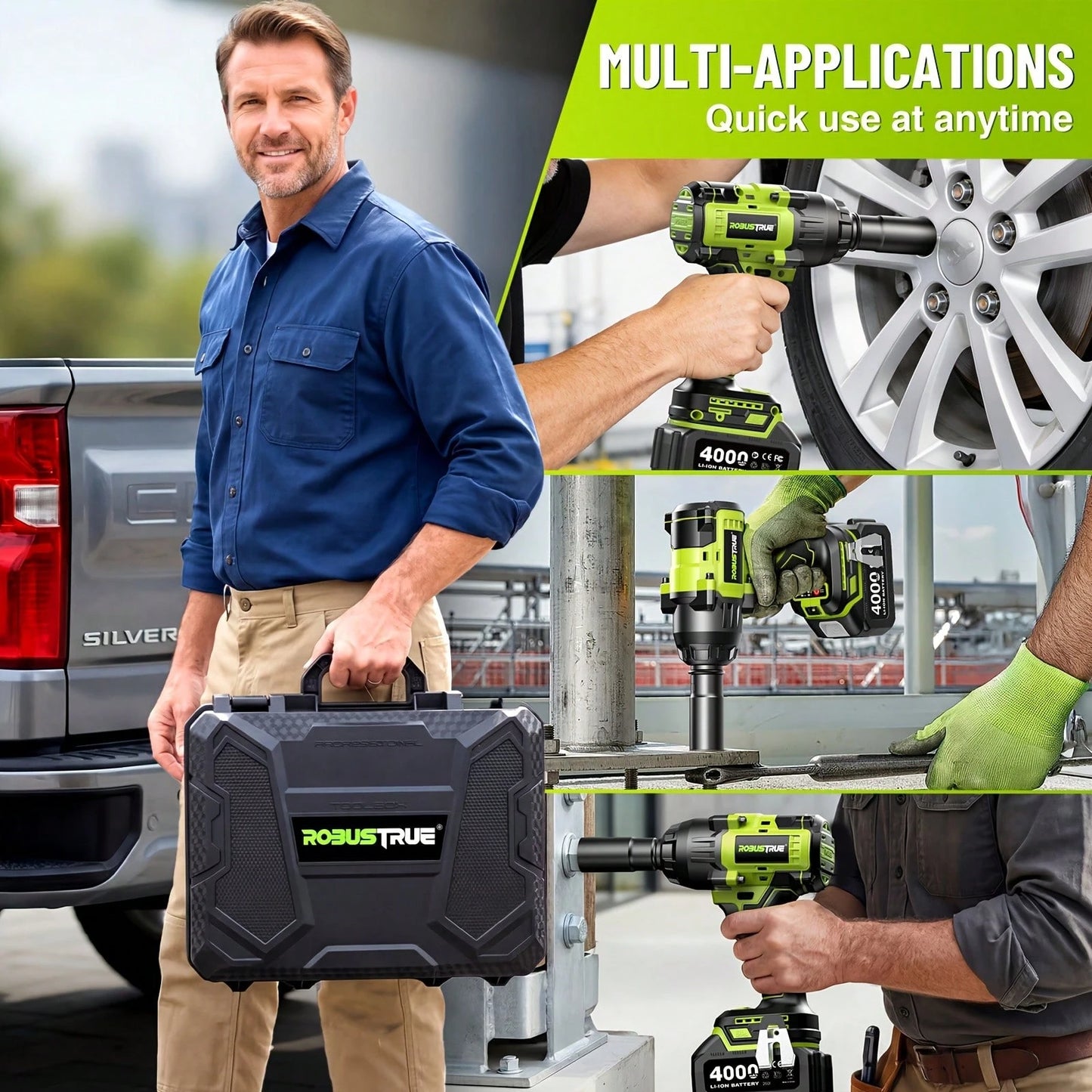 Robustrue Cordless Impact Wrench 1033ft-Lbs (1600N.M), High Torque Brushless 1/ 2 Impact Gun, 2 X5.0Ah Battery, Fast Charger, 4 Sockets, Impact Wrench For Home Car Tires Truck Mover
