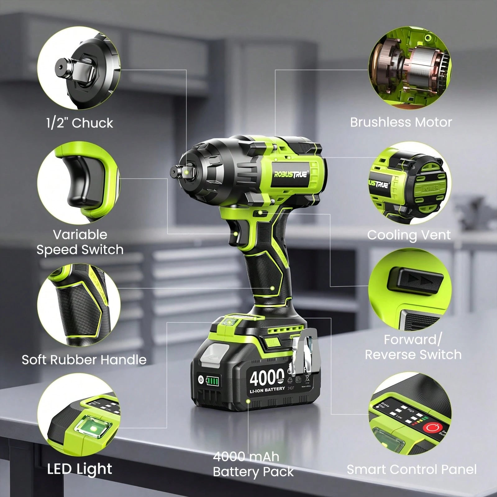 Robustrue Cordless Impact Wrench 1033ft-Lbs (1600N.M), High Torque Brushless 1/ 2 Impact Gun, 2 X5.0Ah Battery, Fast Charger, 4 Sockets, Impact Wrench For Home Car Tires Truck Mover