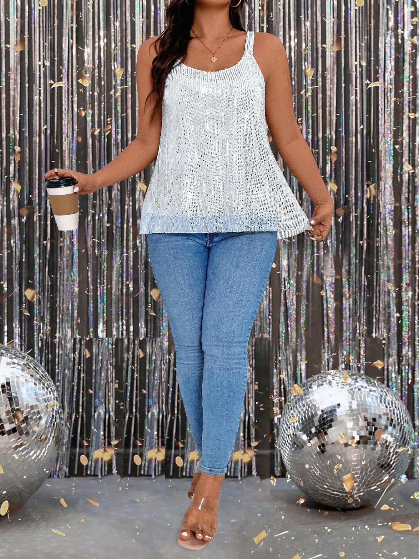 Rometta Plus Size Summer Fashion Sequin Round Neck Sleeveless Loose Tank Top For New Year Holiday Party
