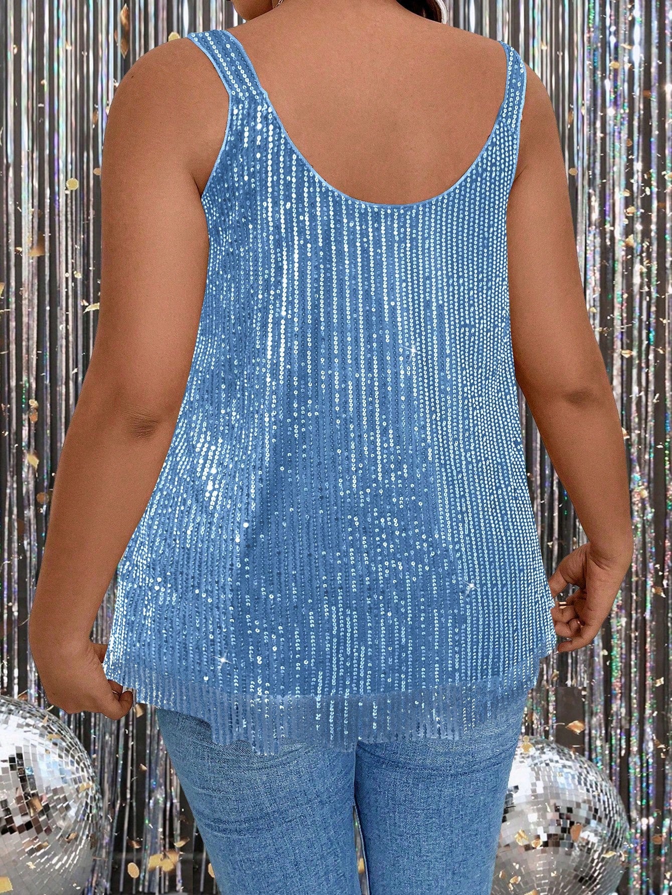 Rometta Plus Size Summer Fashion Sequin Round Neck Sleeveless Loose Tank Top For New Year Holiday Party