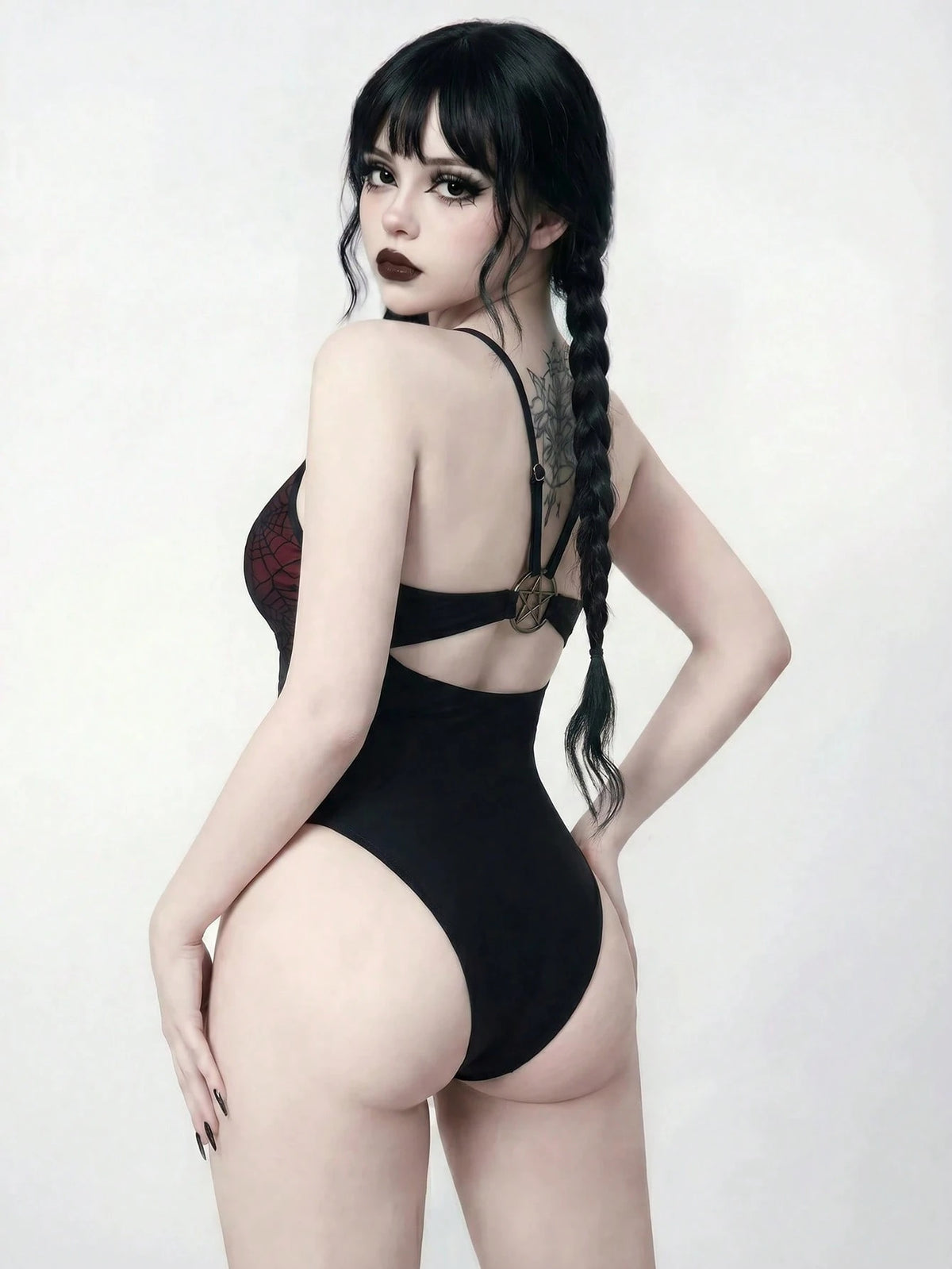 ROMWE 2026SS Spring/Summer New Dark Theme Print Gothic Sexy Style Girls Vacation Beach Club Seaside Casual Women One-Piece Black