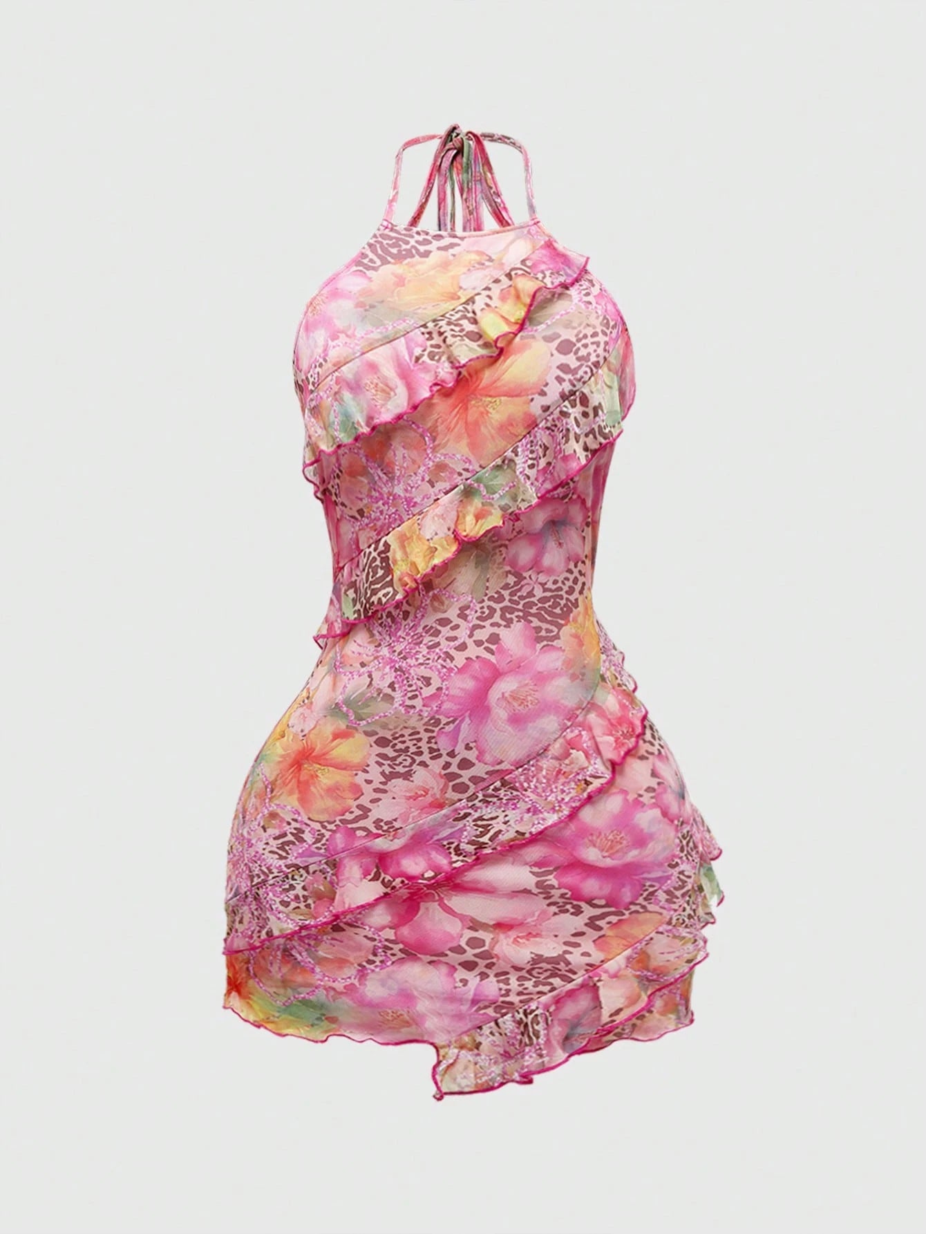 ROMWE Avant Spring/Summer Valentine's Day Y2K Retro Vacation Beach Girl Leopard & Floral Print Dress For Women