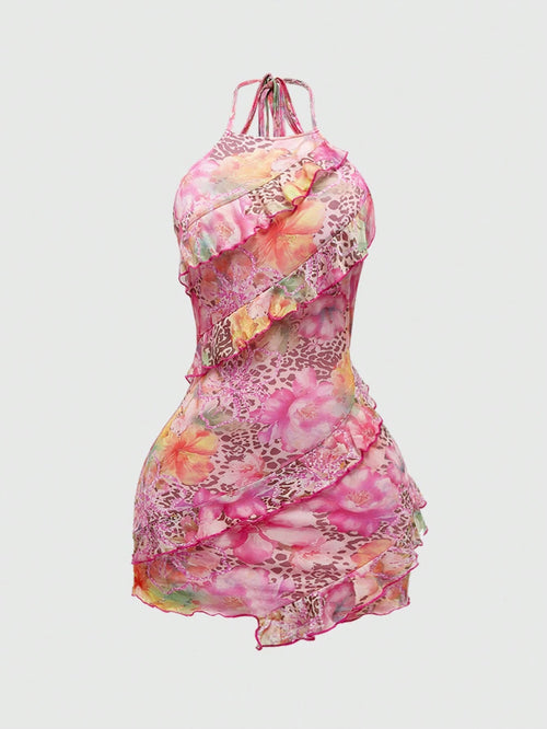 ROMWE Avant Spring/Summer Valentine's Day Y2K Retro Vacation Beach Girl Leopard & Floral Print Dress For Women