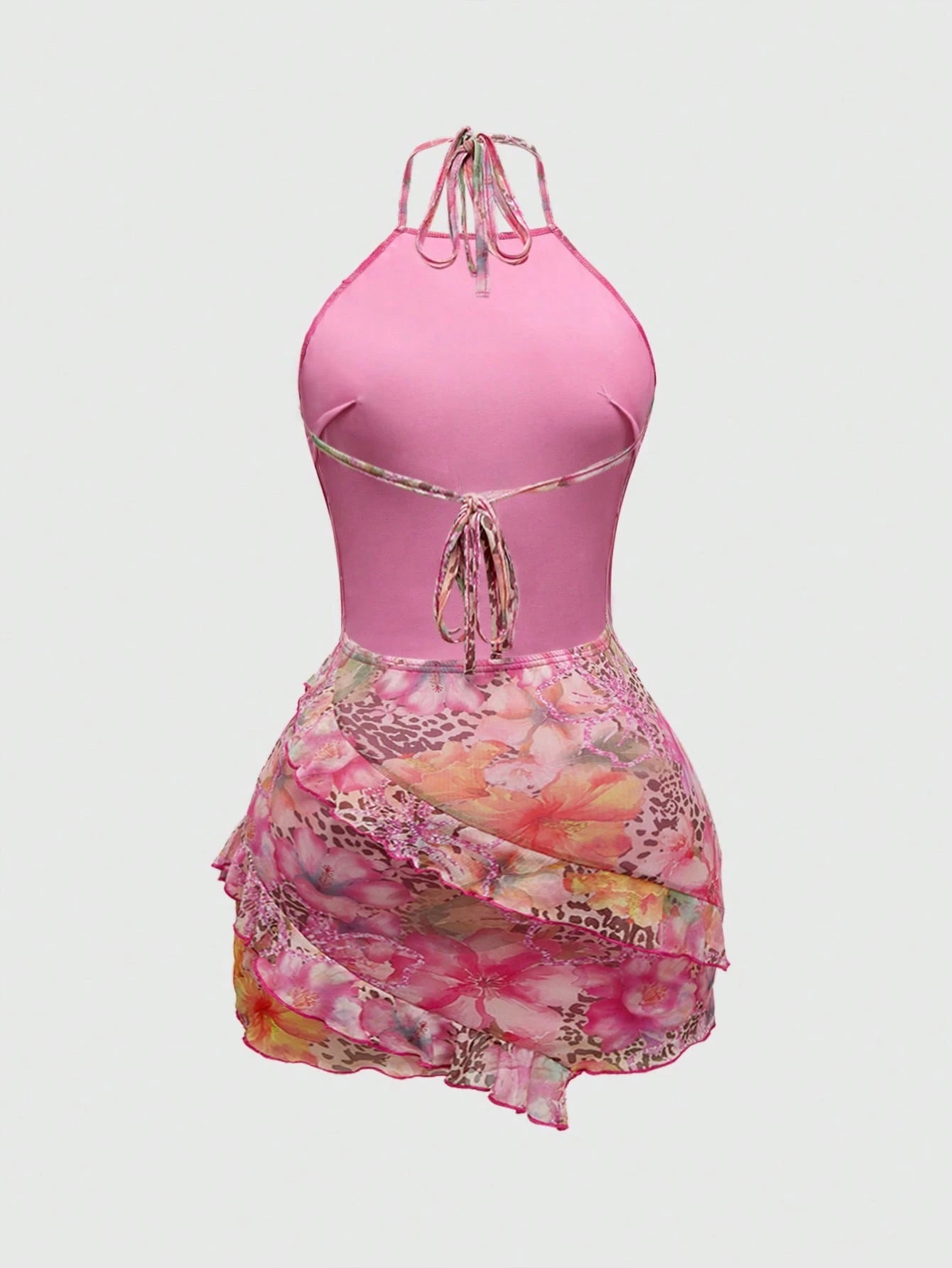 ROMWE Avant Spring/Summer Valentine's Day Y2K Retro Vacation Beach Girl Leopard & Floral Print Dress For Women