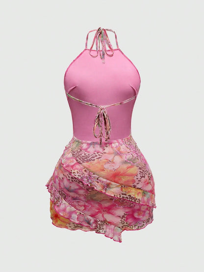 ROMWE Avant Spring/Summer Valentine's Day Y2K Retro Vacation Beach Girl Leopard & Floral Print Dress For Women