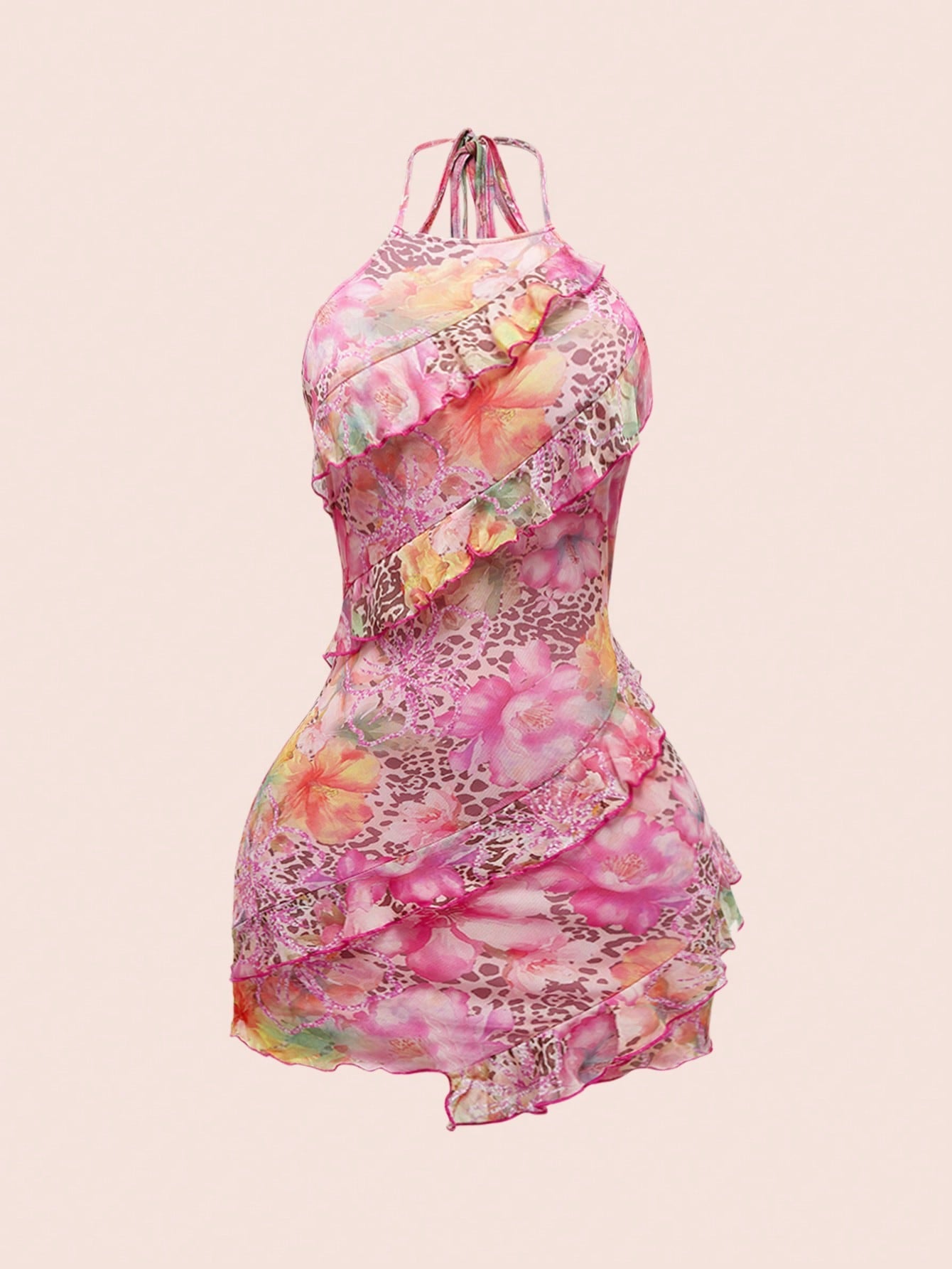 ROMWE Avant Spring/Summer Valentine's Day Y2K Retro Vacation Beach Girl Leopard & Floral Print Dress For Women