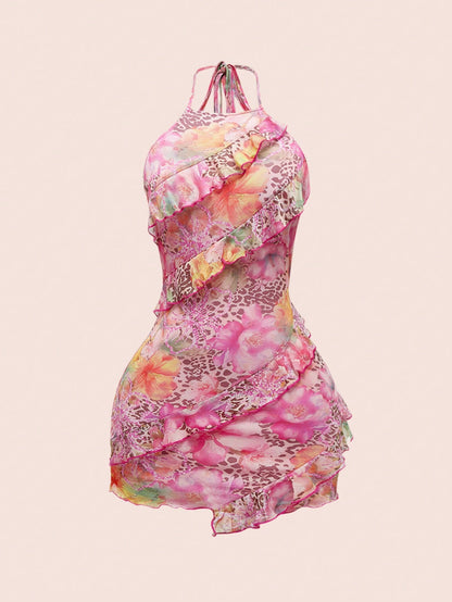 ROMWE Avant Spring/Summer Valentine's Day Y2K Retro Vacation Beach Girl Leopard & Floral Print Dress For Women