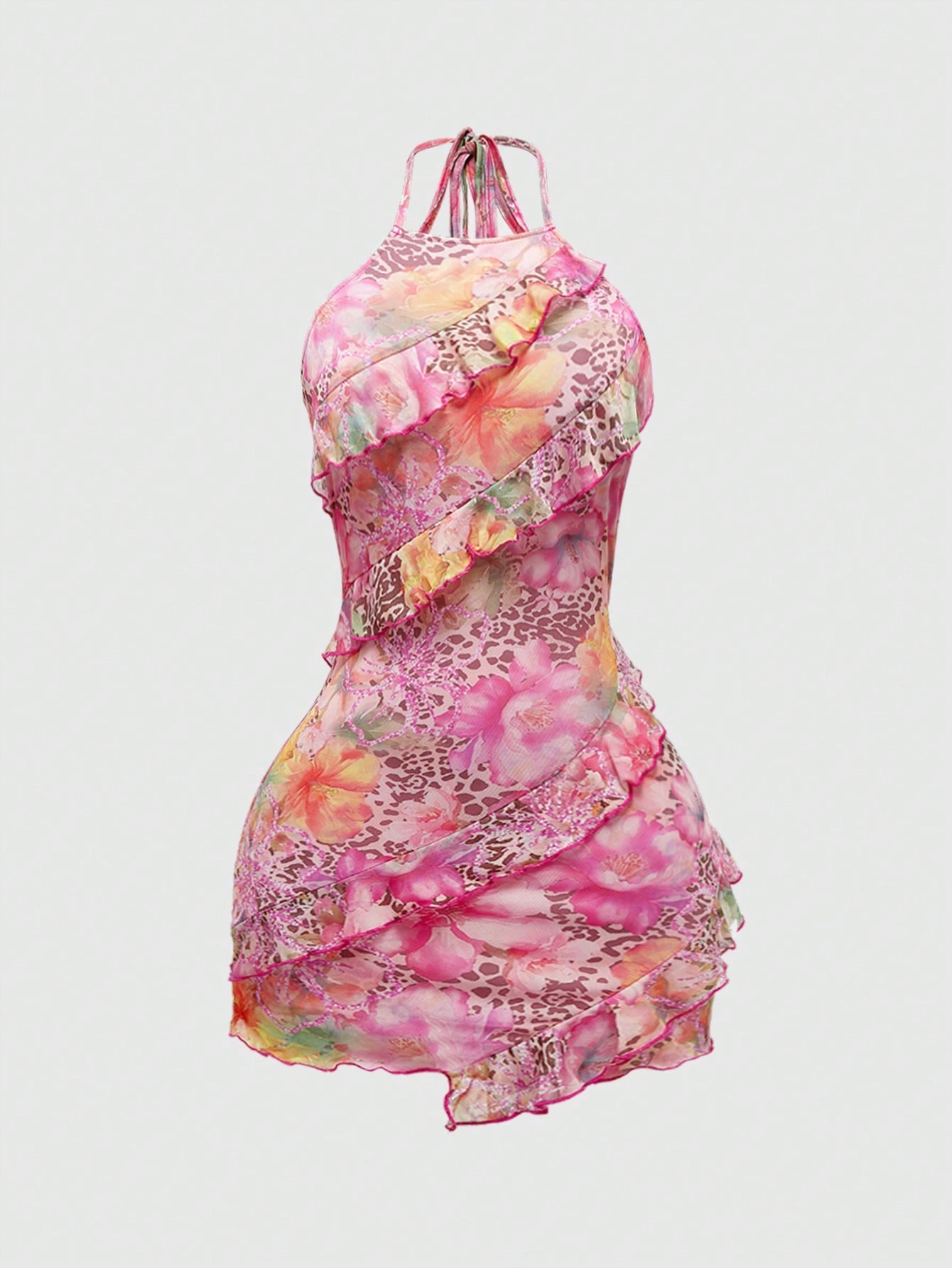 ROMWE Avant Spring/Summer Valentine's Day Y2K Retro Vacation Beach Girl Leopard & Floral Print Dress For Women