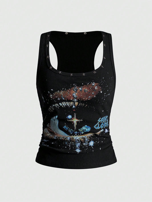 ROMWE Avant Spring/Summer Women's Kpop Retro Baddie Unisex Streetwear Starry Sky & Rivet Print Tank Top