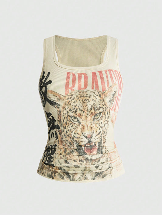 ROMWE Avant Women's Plus Size Vintage New Chinese Style Leopard Print Chinese & English Text Tank Top